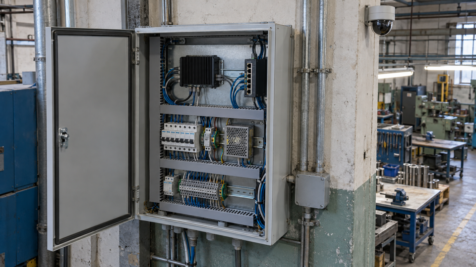 Open metal cabinet containing a compact compute device and network equipment in a factory