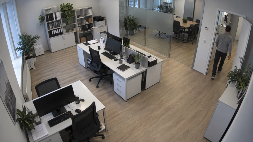Demo camera: office with desks and a person by the door